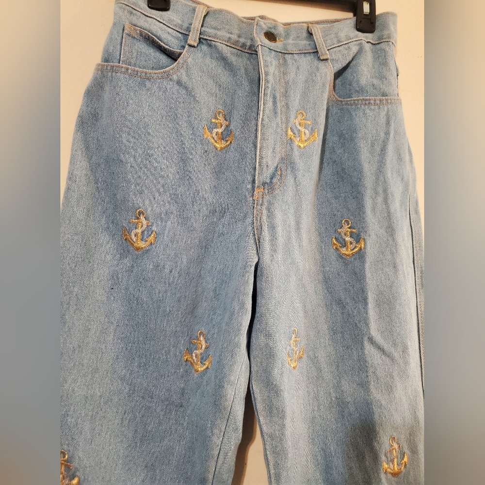 90s High Waist Mom Jeans MADE USA California Nautical Anchor Shell Vintage Jeans - Picture 3 of 9